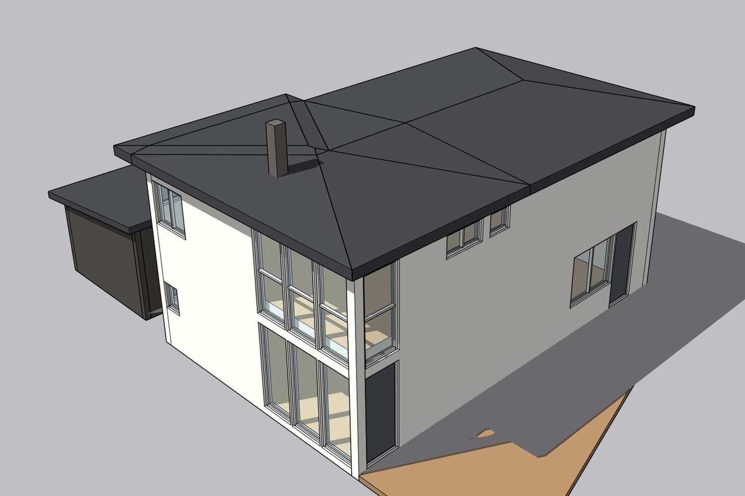 Two-story house with a hip roof and tall windows facing the garden, built from photographed drawings